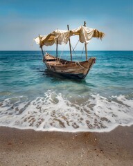 Traditional wooden fishing boat with palm leaf canopy floating in turquoise tropical ocean waters