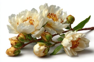 White tea blossoms and buds in a close-up on a white background, revealing intricate details of petals and fresh foliage for a bright aesthetic