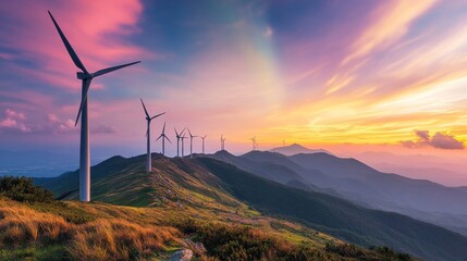 Naklejka premium Wind turbines stand on a mountain during a rainbow sunset sky showing a natural landscape with vibrant colors in the evening