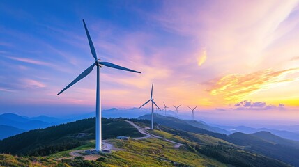 Obraz premium Wind turbines on a mountain during sunset with a rainbow sky and clouds