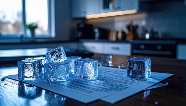 Melting ice cubes on tax documents in a kitchen environment, symbolizing financial melt