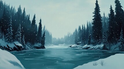 A frozen riverscape surrounded by sprawling frost-covered pine trees