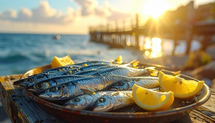 Fresh sardines with lemon wedges arranged on a rustic tray by the sea at sunset