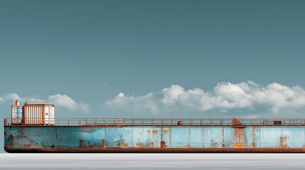 A large blue ship is sitting in the water