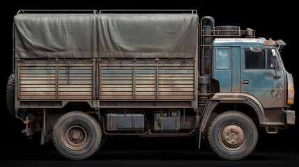 A blue truck with a tarp on top