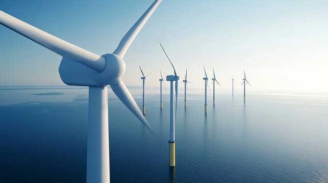Offshore wind turbines produce clean energy in a windmill park on the ocean during daylight hours