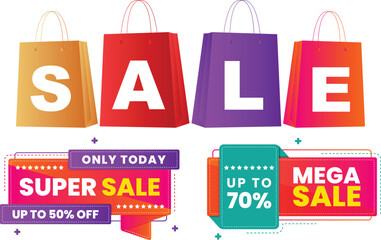 Collection of vibrant colorful shopping bags and promotional sale banners advertise seasonal discounts effectively