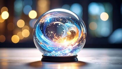 Delicate blown glass sphere capturing vibrant swirling colors representing cosmic thoughts and dreams with a soft bokeh background