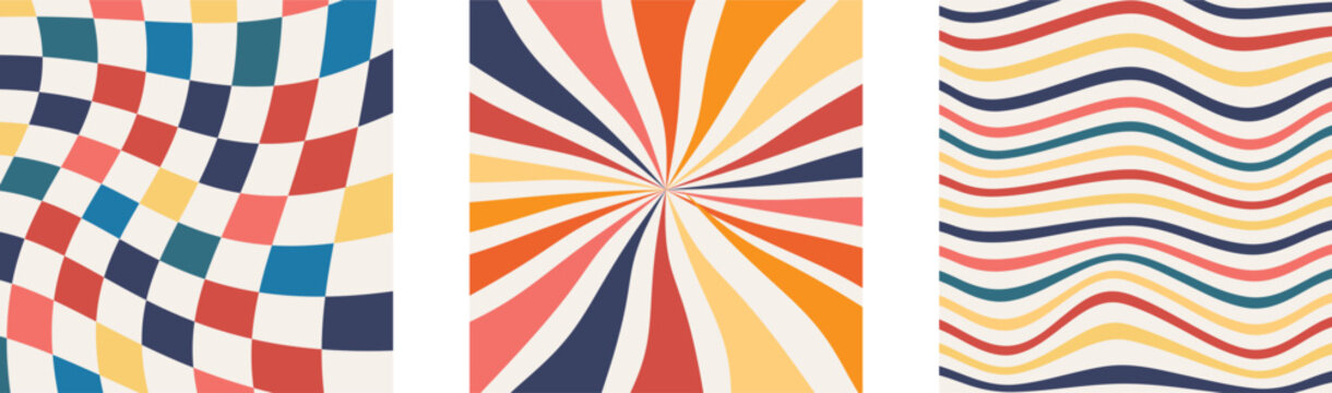 Collection of three vibrant retro patterns, Retro psychedelic patterns wavy stripes