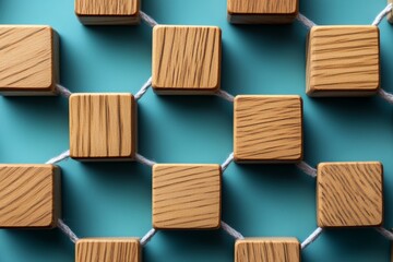 Wooden blocks connected together on a blue surface show the idea of teamwork and collaboration in a creative way