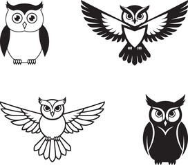 Obraz premium Four Black And White Owl Illustrations In Different Poses And Styles owls bird