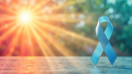 A bright blue awareness ribbon stands against a split background of cool shadows and warm, glowing sunbeams, creating a powerful symbol of hope and medical advocacy