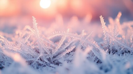 A macro view of a frozen morning meadow