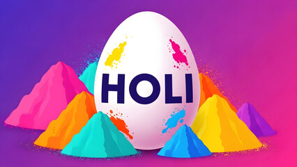 A vibrant white easter egg decorated for holi festival surrounded by colorful powder splashes and shapes