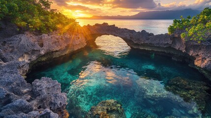 A mesmerizing rock arch reaching over crystal-clear tidal pools