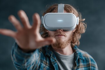 Man plays video game wearing virtual reality headset, reaching out to touch something in the Metaverse, enjoying high-quality realistic simulation