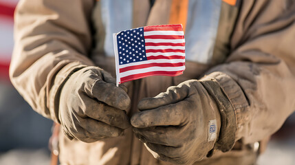 A firefighter holds a small USA flag, symbolizing courage and unity. The worn gloves tell a story of service. A symbol of resilience and national pride on display.