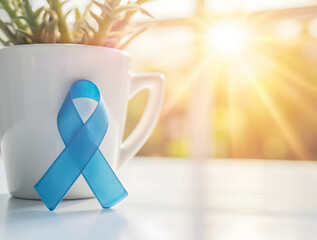 A bright blue awareness ribbon stands solo on a textured surface, bathed in the ethereal, golden glow of sunbeams to symbolize hope, medical advocacy, and colon cancer support