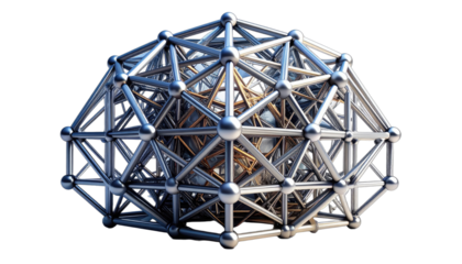 Intricate metallic geodesic structure with nested geometric forms against a black background.