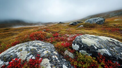 A mist-covered tundra illuminated by the soft light of dawn