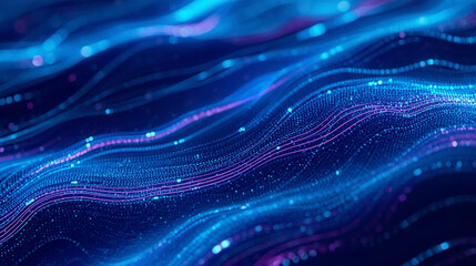 Abstract digital wave background with glowing blue and purple particles. Futuristic technology concept for data flow, AI, neural networks. Modern science and communication backdrop.