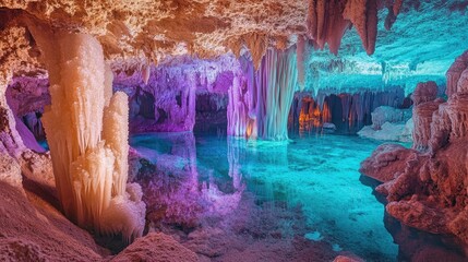 A mystical underwater cavern brimming with brightly glowing crystal formations