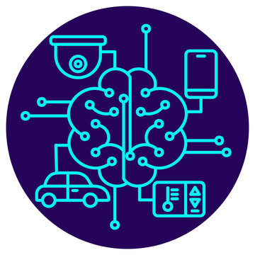 AIoT Icon. Minimalistic neon outline on a dark blue round background. A stylish vector illustration of an intelligent brain/neural network connected to various smart devices