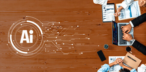 Diverse professionals collaborate in a modern workspace, showcasing the integration of artificial intelligence and data analytics in everyday business activities. Trope