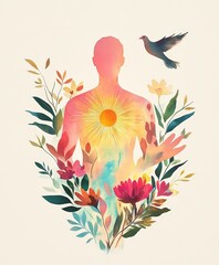 A painting of a man with a heart and a bird. The painting is full of flowers and has a bright, colorful feel to it. The man's heart is surrounded by a sun, which adds to the overall sense of warmth