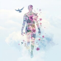 A man is walking through a field of flowers. The flowers are in various colors and are scattered throughout the scene. The sky is blue and there is a bird flying in the background