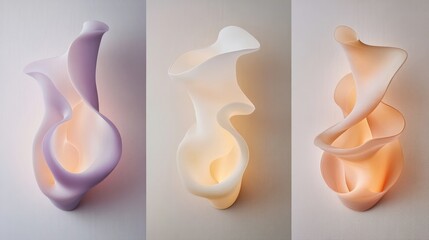 Three abstract sculptures of different shapes and sizes, with one of them having the word "love" written on it