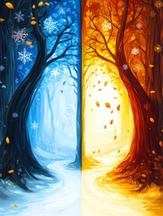 Two trees, one blue and one red, with snow on the blue tree and leaves on the red tree