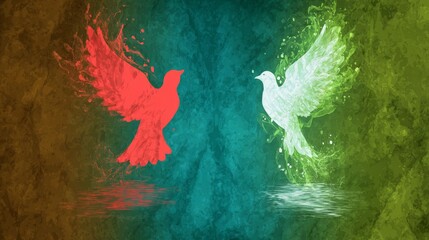 Two birds are flying in opposite directions, one red and one white. The birds are surrounded by water, and the colors of the birds and the water create a sense of contrast and tension