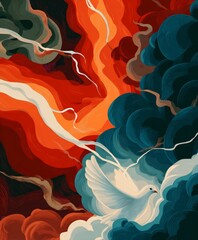 A painting of a white dove flying through a stormy sky. The painting is full of vibrant colors and has a sense of chaos and danger. The dove is the focal point of the painting