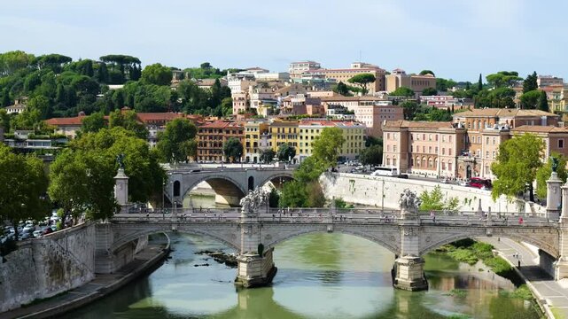scenic panoramic rome ponte sant angelo crossing green tiber river statues pastel buildings layered hills rise castel sant'angelo near view italy roman empire emperor 