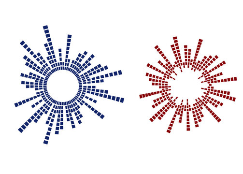 Circular Digital Audio Waveform Equalizer Backgrounds in Blue and Red. Radial Sound Frequency Visualizer Set. circular sound waves