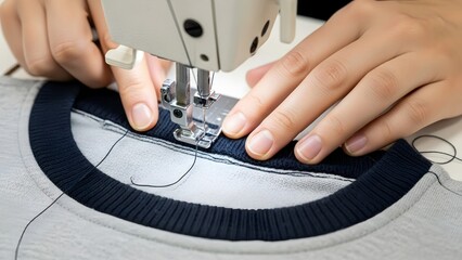 Close-up of Hands Guiding Fabric Through Sewing Machine Needle While Stitching