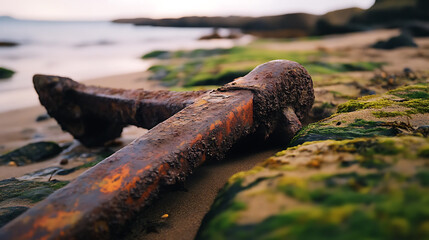 A weathered anchor rests on the shore, bearing the marks of time and the sea. Its rusty texture contrasts beautifully with the soft sand and vibrant coastal flora.