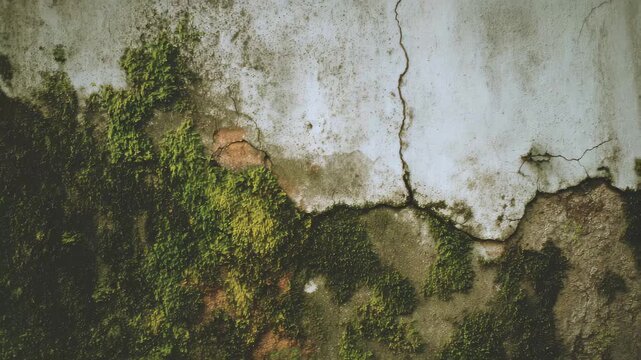 Moss and cracks on a weathered wall show nature's impact on man-made surfaces in an outdoor setting during daylight hours