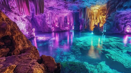 A mystical underwater cavern brimming with brightly glowing crystal formations