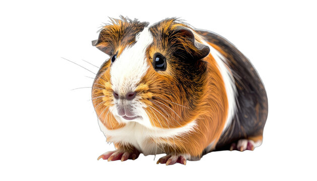 A portrait of a tricolor guinea pig isolated on a black background.