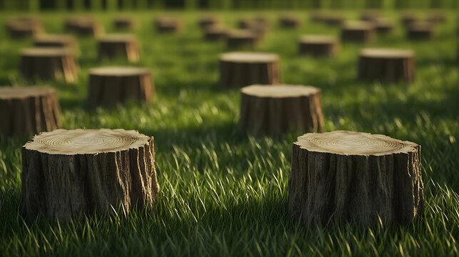 Tree stumps punctuate a verdant meadow, the remains of deforestation under a soft, natural light. A scene of nature's resilience amidst human impact, subtly symbolic.