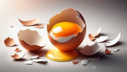 Cracked Egg With Bright Yellow Yolk Sits In Its Shell Surrounded By Pieces Of Eggshell On Light Background Evoking Sense Of Freshness And Simplicity