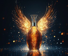 A bottle of perfume is surrounded by a cloud of glitter and has wings on either side. The wings are made of gold and the bottle is the center of attention. Concept of luxury and glamour