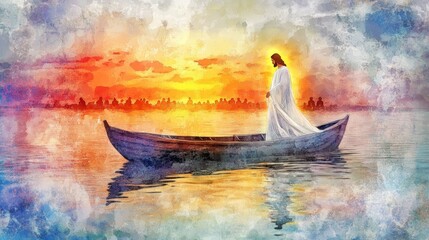 A painting of Jesus riding a boat on a lake. The painting is in watercolor and has a serene and peaceful mood