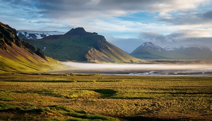 Typical Icelandic Landscape With Foggy Mountains On The Horizon