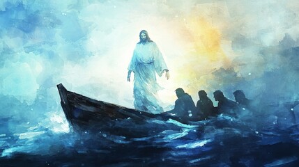 A painting of Jesus Christ walking on water with a boat full of people. The mood of the painting is one of hope and salvation