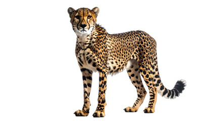 A majestic cheetah stands alert against a stark black background.