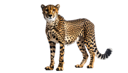 A majestic cheetah stands alert against a stark black background.