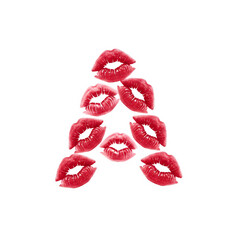 conceptual typography piece reveals a capital Letter "A" through clever negative space. The form emerges from the precise gaps between a cluster of vibrant red lipstick kiss marks on a stark whit